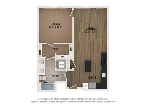 Floor plan for 1 bed, 1 bath, 664 sqft